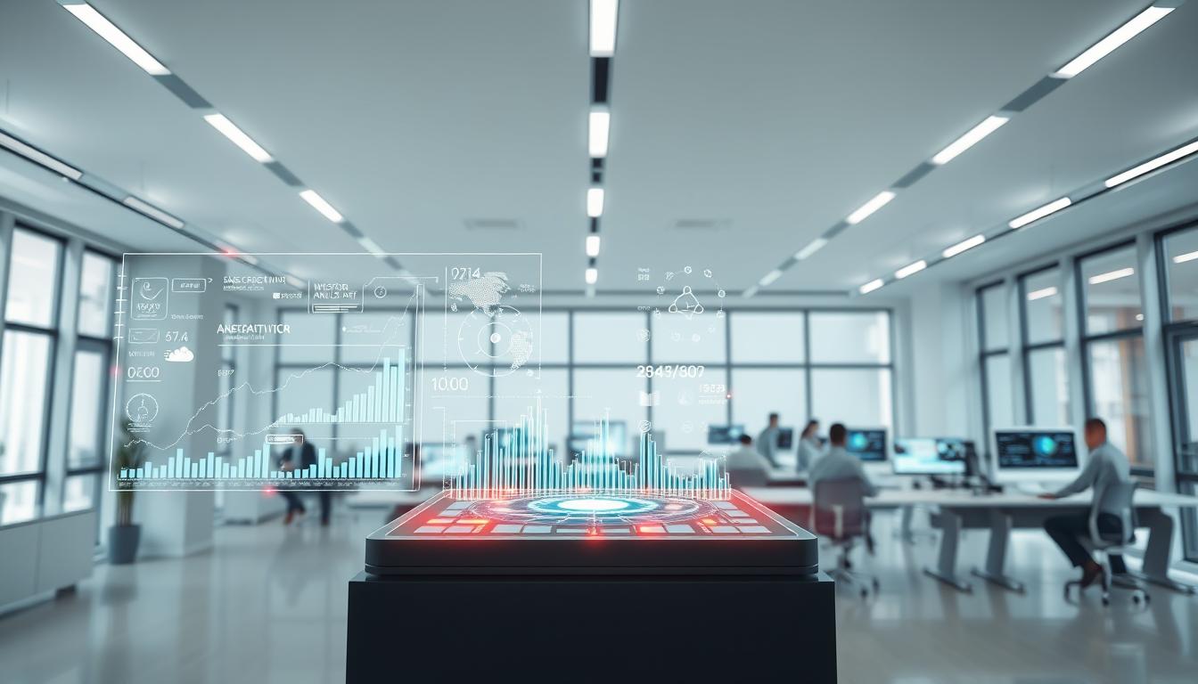 A sleek and modern data analysis AI system, with a futuristic interface displaying interactive visualizations, graphs, and insights. The foreground features a stylized 3D holographic display with dynamic data points and analytics. The middle ground showcases an array of high-tech workstations, with engineers and analysts collaborating intuitively using touch screens and gesture controls. The background depicts a clean, minimalist office environment with large windows, providing an airy and productive atmosphere. The lighting is a combination of soft, indirect overhead lighting and the glow of digital displays, creating a balance of productivity and innovation. The overall scene conveys the transformative power of data analysis AI, seamlessly integrated into the workflow of a forward-thinking business.