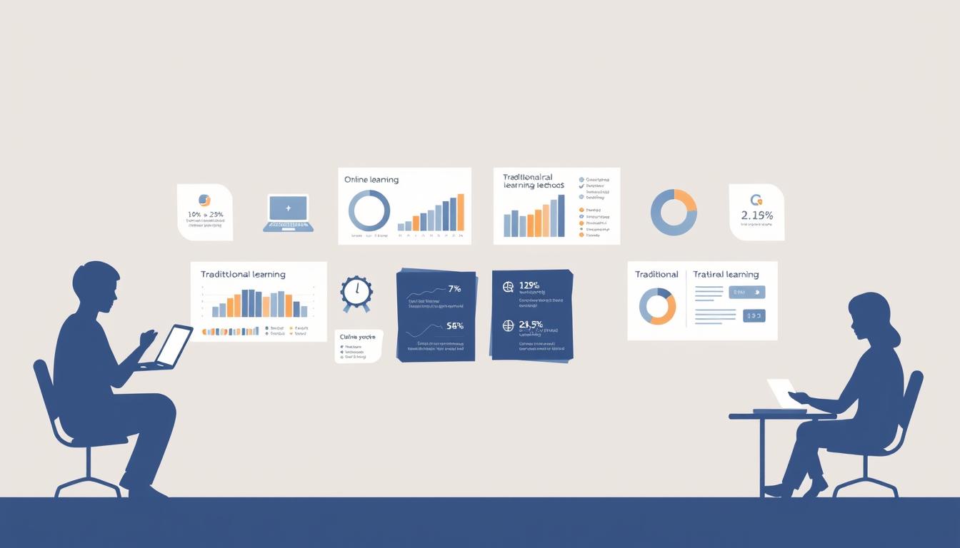 A comparative illustration of learning outcomes for online and traditional learning methods, presented in a clean, minimalist style. The foreground features two abstract human silhouettes engaged in learning activities, one representing online learning and the other traditional classroom setting. The middle ground showcases a series of data visualizations and infographic elements highlighting key metrics and statistics, communicating the effectiveness and performance of each learning approach. The background subtly accentuates this contrast with muted, complementary color tones and a sense of depth, creating an informative yet visually engaging composition.
