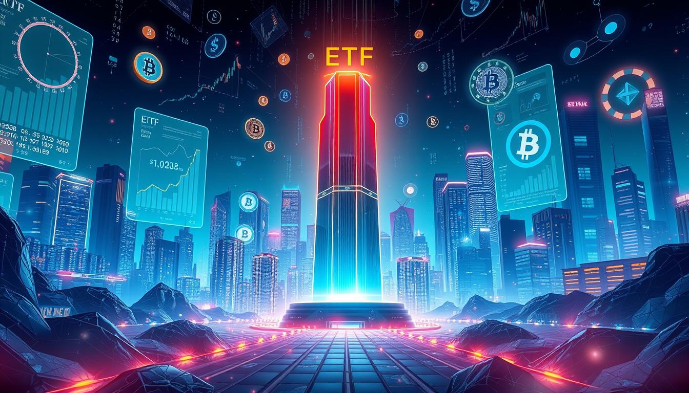 A vibrant, detailed cryptocurrency exchange-traded fund (ETF) illustration. In the foreground, a futuristic digital landscape with floating holographic charts, graphs, and cryptocurrency symbols. In the middle ground, a central tower-like structure symbolizing the ETF, surrounded by active trading terminals and data visualization screens. The background features a cityscape of skyscrapers, pulsing with neon lights and digital activity. The lighting is a mix of cool, metallic tones and warm, glowing accents, creating an immersive, high-tech atmosphere. The overall composition conveys the complex, interconnected nature of cryptocurrency investments and the role of ETFs in this dynamic financial ecosystem.