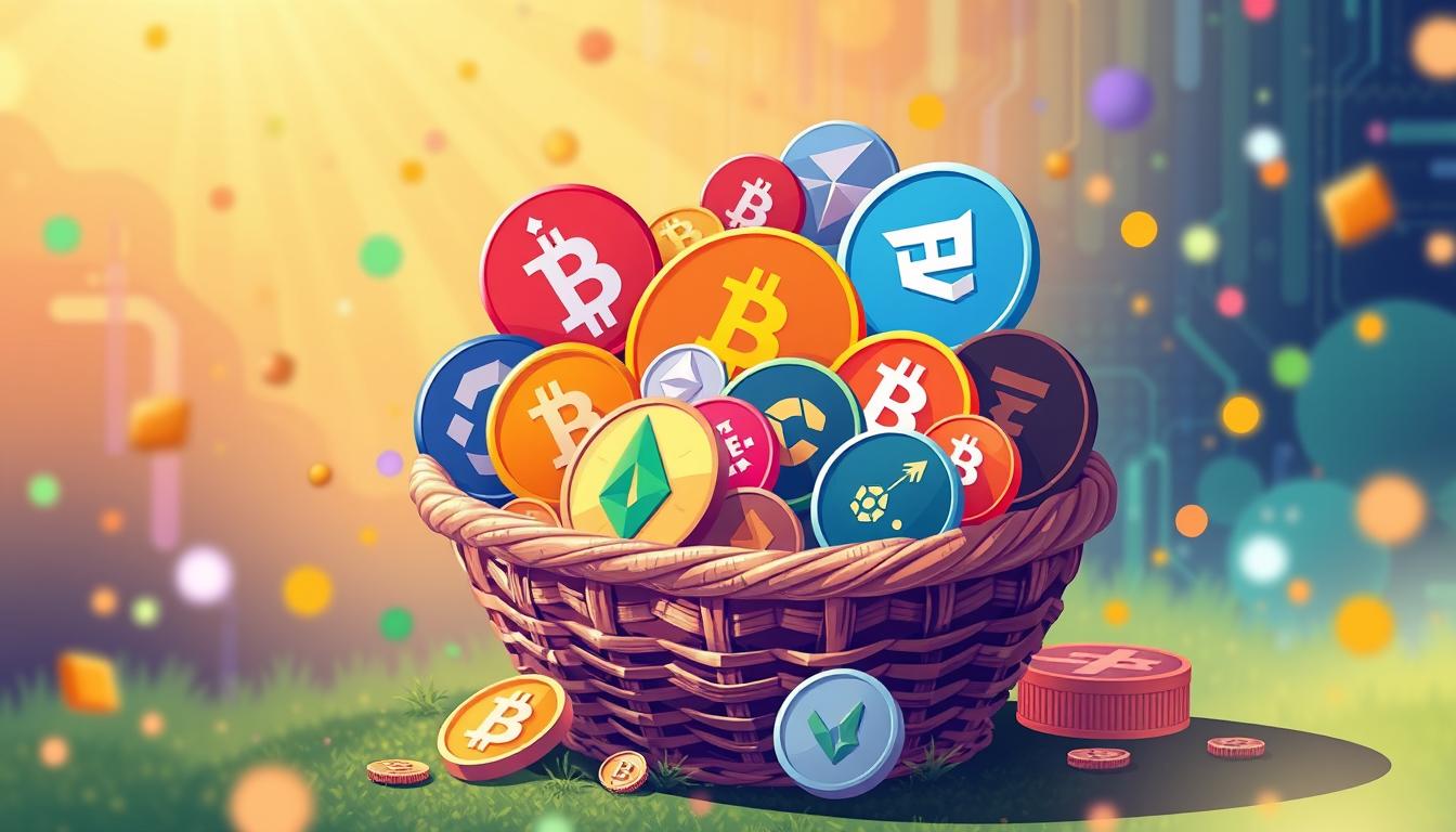 Generate an image illustrating a basket of various cryptocurrencies.