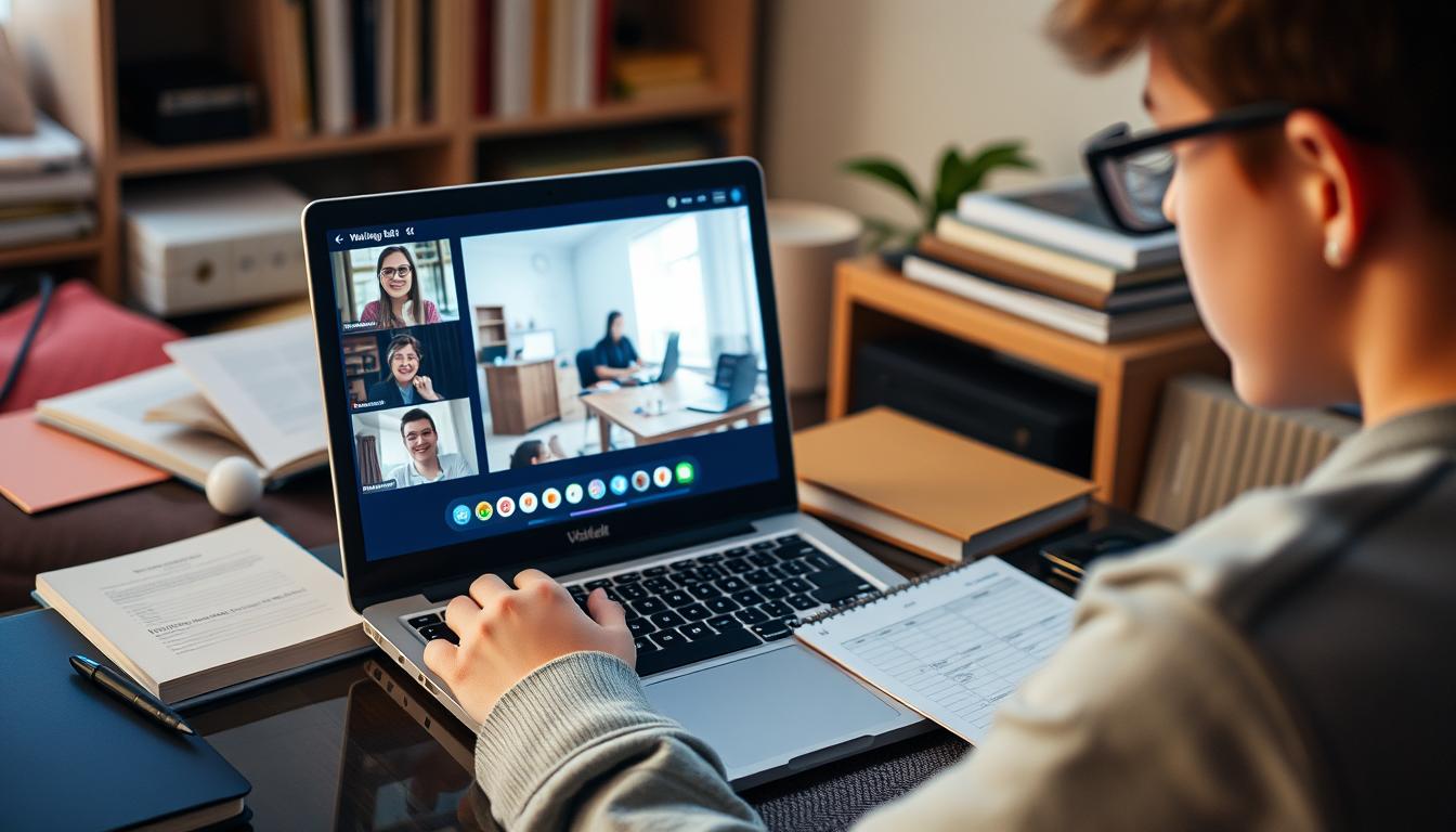 Image of a student participating in a virtual class through Webex on their laptop