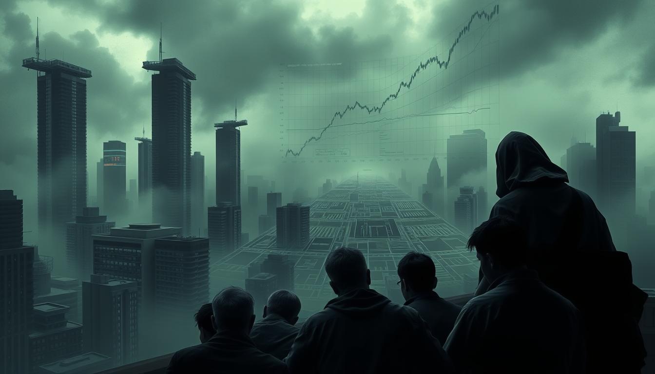 A gloomy, dystopian cityscape shrouded in a haze of uncertainty, with towering skyscrapers casting ominous shadows. In the foreground, a group of anxious investors huddled around a fluctuating cryptocurrency ticker, their expressions reflecting a mix of fear and resignation. The middle ground features a maze of complex financial charts and graphs, a tangled web of volatility and risk. In the background, a shadowy figure, representing the unregulated and volatile nature of the cryptocurrency market, looms ominously, casting a pall over the entire scene. The lighting is harsh, with harsh shadows and muted colors, conveying a sense of foreboding and unease. The overall mood is one of trepidation and uncertainty, reflecting the major risks associated with cryptocurrency investment in India.