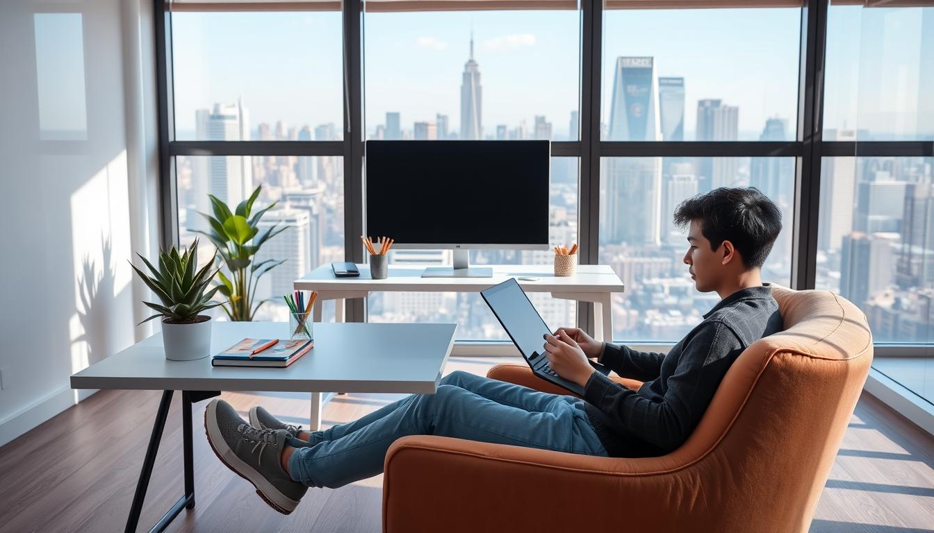 A bright and modern online learning classroom with cozy furnishings and natural lighting. In the foreground, a student sits comfortably on a plush armchair, their laptop open as they intently focus on their studies. The middle ground features a sleek, minimalist desk with a high-resolution monitor, various stationery items, and a succulent plant adding a touch of nature. The background showcases large windows offering a picturesque view of a bustling city skyline, creating a sense of connection to the outside world. The overall atmosphere is one of productivity, serenity, and a balance between digital and physical elements, reflecting the ideal environment for effective online learning.