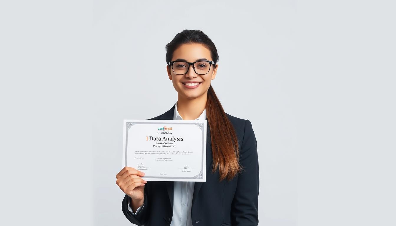 Image of a person holding a certificate in data analysis