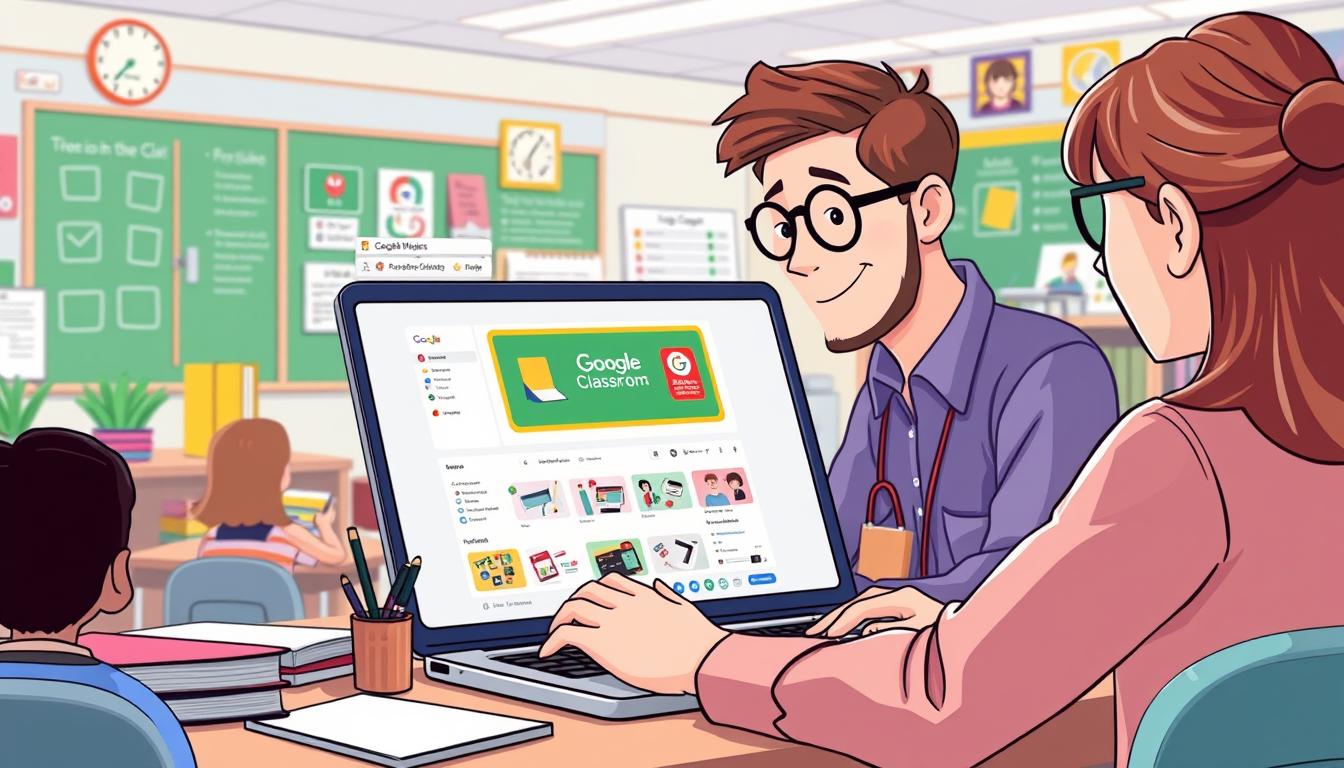 Generate an image of a teacher using Google Classroom on a laptop
