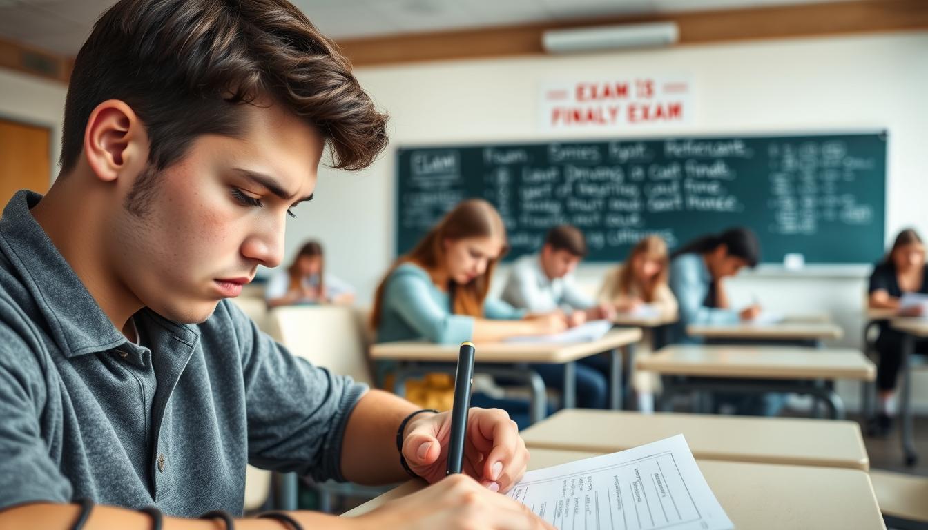 A classroom setting with students diligently taking a driver's education final exam. The desks are neatly arranged, and the lighting is soft and natural, creating a focused, studious atmosphere. In the foreground, a student is earnestly filling out their exam, their brow furrowed in concentration. The middle ground features several other students, each deeply engaged with their own test papers. In the background, a large chalkboard or whiteboard displays the exam title and instructions. The room has a sense of anticipation and gravity, as the students work to demonstrate their knowledge and earn their driving licenses.