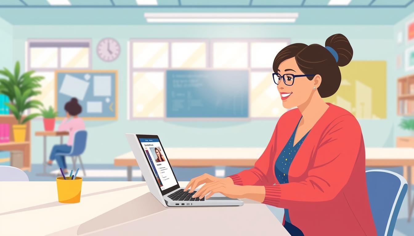 Generate an image of a teacher using Imagine Learning on a laptop.