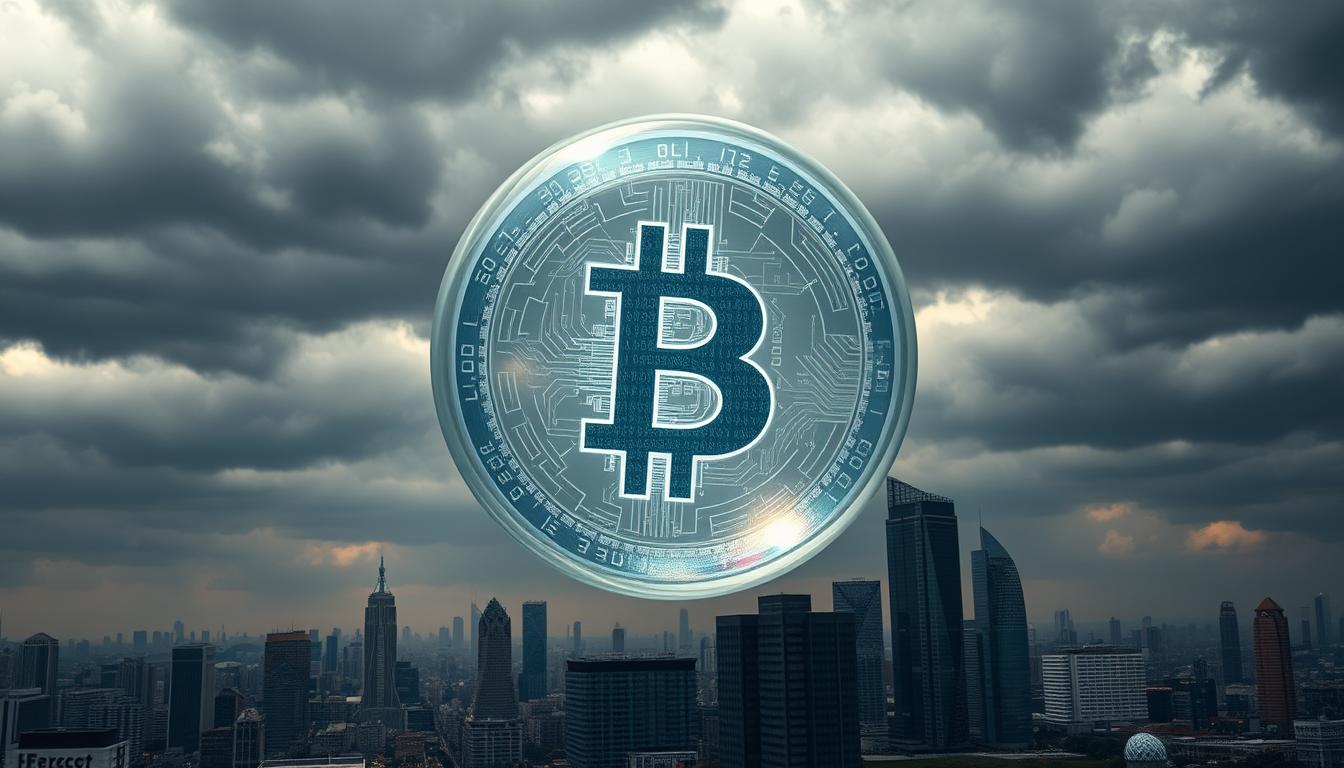 A towering cryptocurrency bubble dominates the frame, its ethereal and iridescent surface reflecting the turbulent financial landscape. In the foreground, a cityscape of gleaming skyscrapers and bustling streets serves as the backdrop, hinting at the broader economic implications. The sky is charged with a sense of unease, with ominous clouds and a muted color palette suggesting an impending storm. Intricate details within the bubble itself reveal the complex algorithms and volatile nature of the digital currency market. The overall composition conveys a sense of precariousness, inviting the viewer to contemplate the fragility of the cryptocurrency ecosystem.