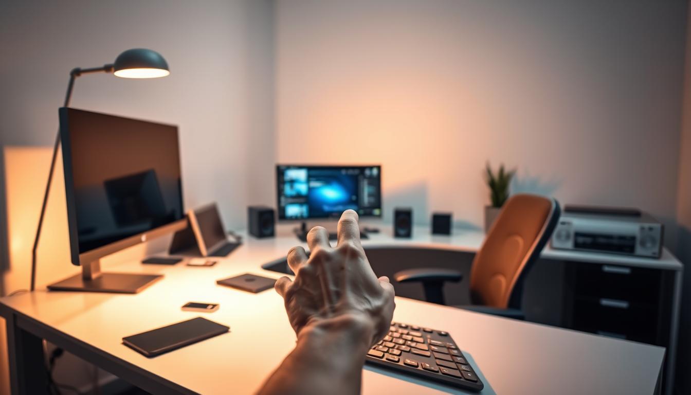 A sleek, modern office scene with an ergonomic desk, a high-resolution computer screen, and various digital devices. The desk is illuminated by a warm, soft light from a minimalist lamp, casting gentle shadows. In the foreground, a hand hovers over a keyboard, contemplating the choice of the right cryptocurrency API to integrate. The background features clean, abstract shapes and lines, evoking a sense of technology and innovation. The atmosphere is one of focused deliberation and informed decision-making.