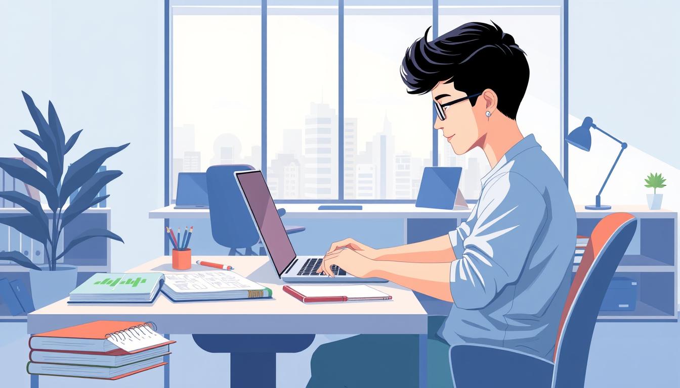 a detailed digital illustration of an online learning process, featuring a modern and minimalist design. in the foreground, a student sits at a desk, intently focused on a laptop screen, surrounded by various learning materials such as notebooks, textbooks, and stationery. the middle ground showcases a clean, well-lit workspace with an ergonomic chair and desk setup. in the background, there is a large window overlooking a tranquil cityscape, with soft, diffused natural lighting streaming in. the overall atmosphere conveys a sense of focus, productivity, and the seamless integration of technology into the learning experience. the color palette is primarily composed of cool, calming tones with pops of vibrant accents to create a visually appealing and stimulating composition.