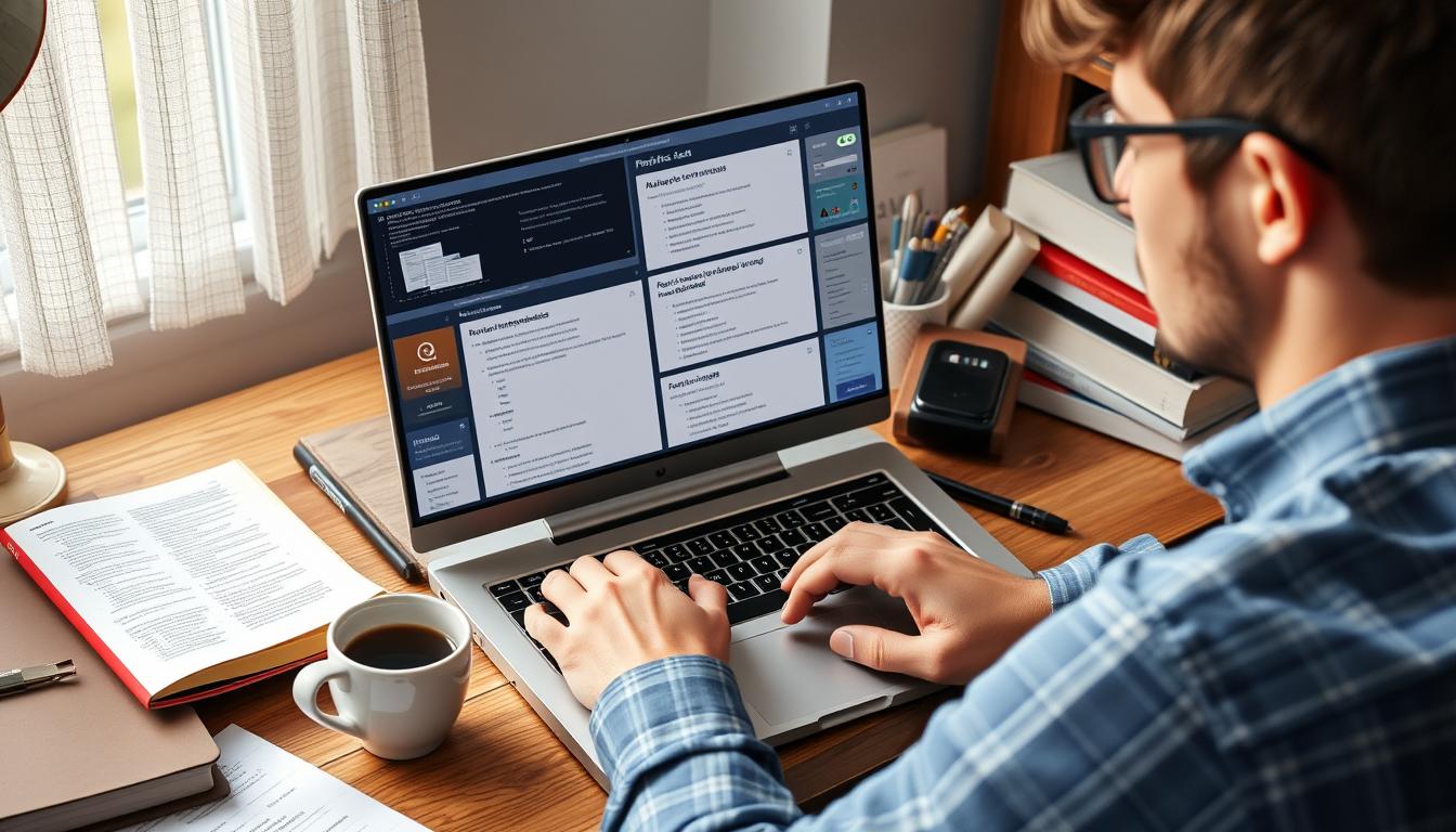 Generate an image of a person studying on a laptop with various online resources and practice tests on the screen.