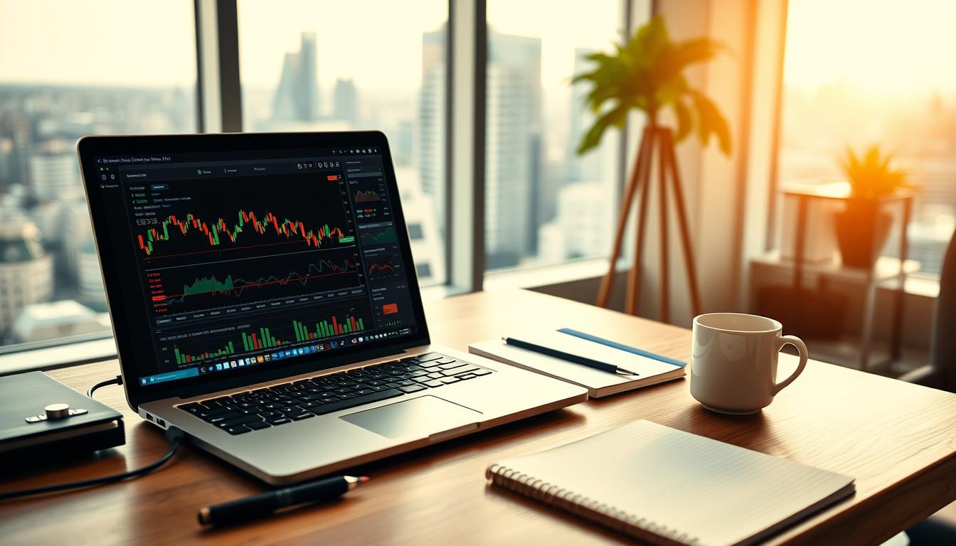 A modern, well-lit home office setup with a laptop, keyboard, and mouse on a wooden desk. In the foreground, a stock trading dashboard is visible on the laptop screen, displaying various charts, graphs, and financial data. The middle ground features an array of trading accessories, such as a notebook, pen, and a cup of coffee. The background showcases a large window overlooking a cityscape, creating a sense of professionalism and productivity. The lighting is warm and natural, with a slight vignette effect to draw the viewer's attention to the central trading setup. The overall atmosphere conveys a sense of focus, organization, and financial expertise.