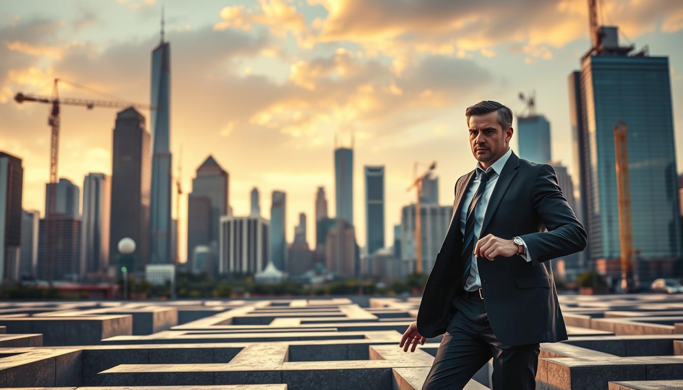 A bustling city skyline, with towering skyscrapers and cranes in the background, signifying the ever-changing business landscape. In the foreground, a businessman navigates a maze-like path, symbolizing the need for adaptability. The lighting is warm and inviting, casting a glow on the scene, conveying a sense of optimism and resilience. The businessman's expression is one of determination, as he nimbly maneuvers through the obstacles, showcasing the essential skill of adaptability in the modern business world.