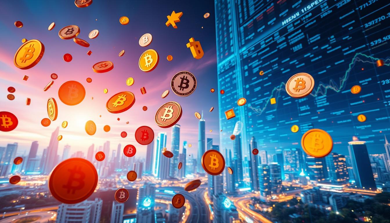 A visually striking cryptocurrency market scene, captured with a wide-angle lens in natural lighting. The foreground features a vibrant array of digital currency icons and symbols, levitating and interacting dynamically. The middle ground showcases a futuristic city skyline, with towering skyscrapers and glowing holograms. In the background, a mesmerizing data visualization display, pulsing with real-time market data and analytics. The overall atmosphere is one of technological innovation, financial fluidity, and a sense of the vast potential of the cryptocurrency landscape.