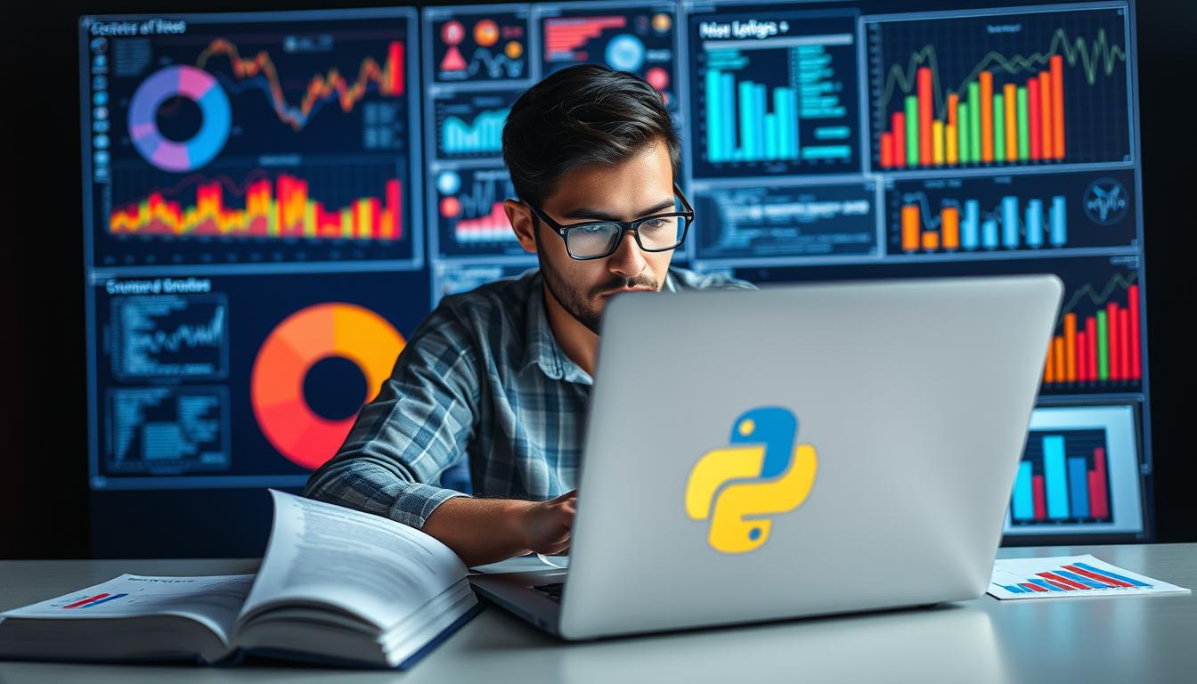 Generate an image of a person working on a laptop with a Python programming book open next to it, surrounded by data analysis charts and graphs.