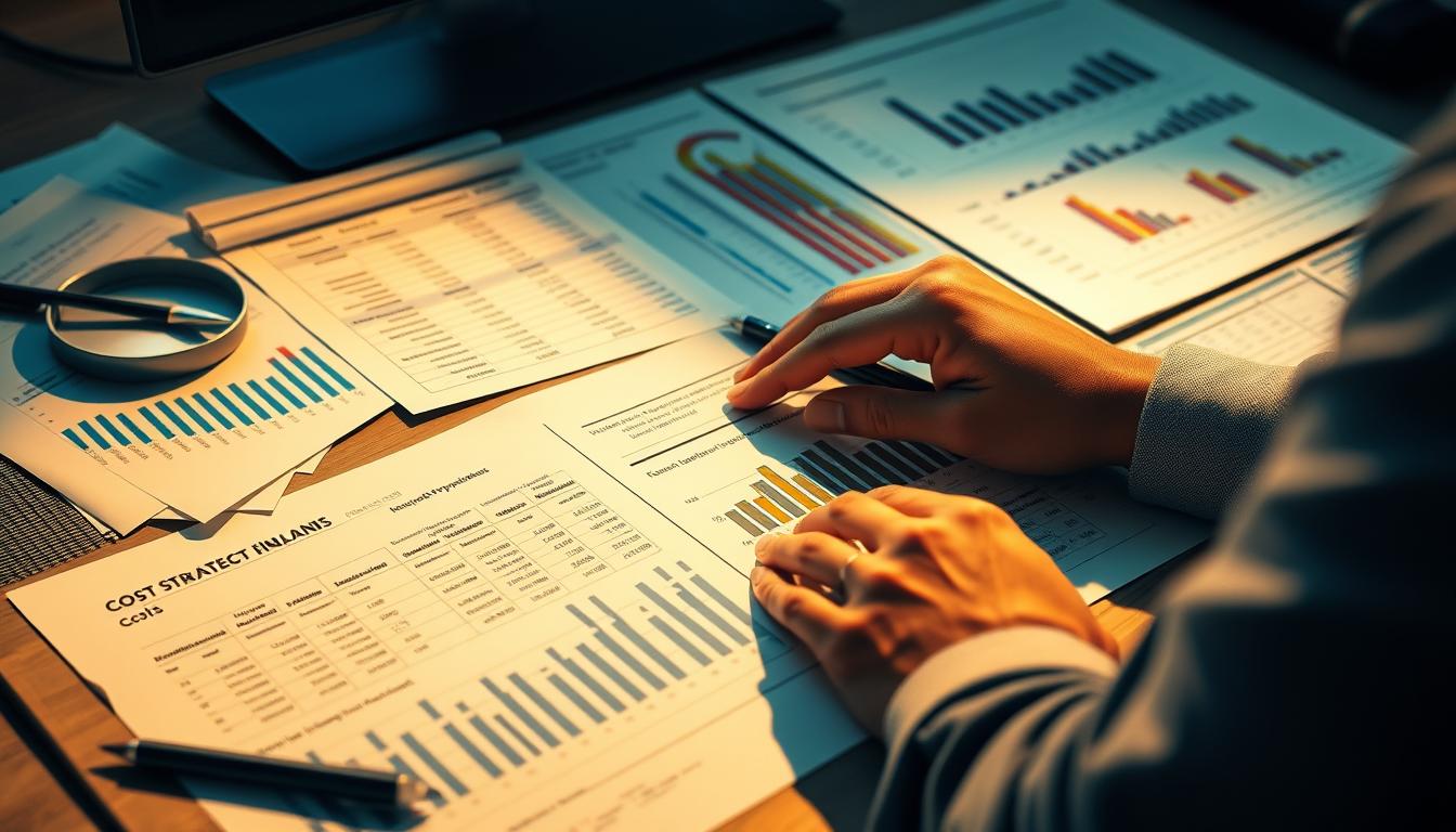 A meticulous analysis of financial data on a sleek, modern desktop. Meticulously organized spreadsheets, cost breakdowns, and revenue projections illuminate the intricacies of cost structure management. Warm, focused lighting illuminates the scene, casting subtle shadows that convey a sense of depth and precision. The atmosphere is one of focused, analytical concentration - a business leader immersed in the details that drive profitability. The composition emphasizes the tools and processes of financial optimization, showcasing how strategic cost structure management can unlock greater margins and business success.