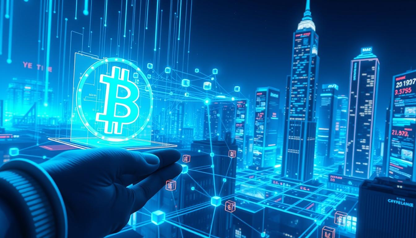 A futuristic, immersive depiction of cryptocurrency technology in action. In the foreground, a digital wallet interface displays a 3D holographic cryptocurrency symbol, pulsing with energy. In the middle ground, a network of interconnected blockchain nodes, each node represented by a glowing cube, transmits transaction data in real-time. In the background, a cityscape of towering skyscrapers, their facades adorned with holographic screens showcasing cryptocurrency exchange rates and news updates. The scene is bathed in a cool, neon-infused lighting, creating a sleek, high-tech atmosphere that evokes the cutting-edge nature of cryptocurrency.