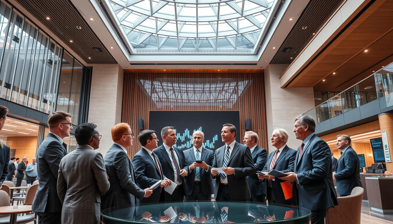 Image of a group of financial leaders in a modern banking hall