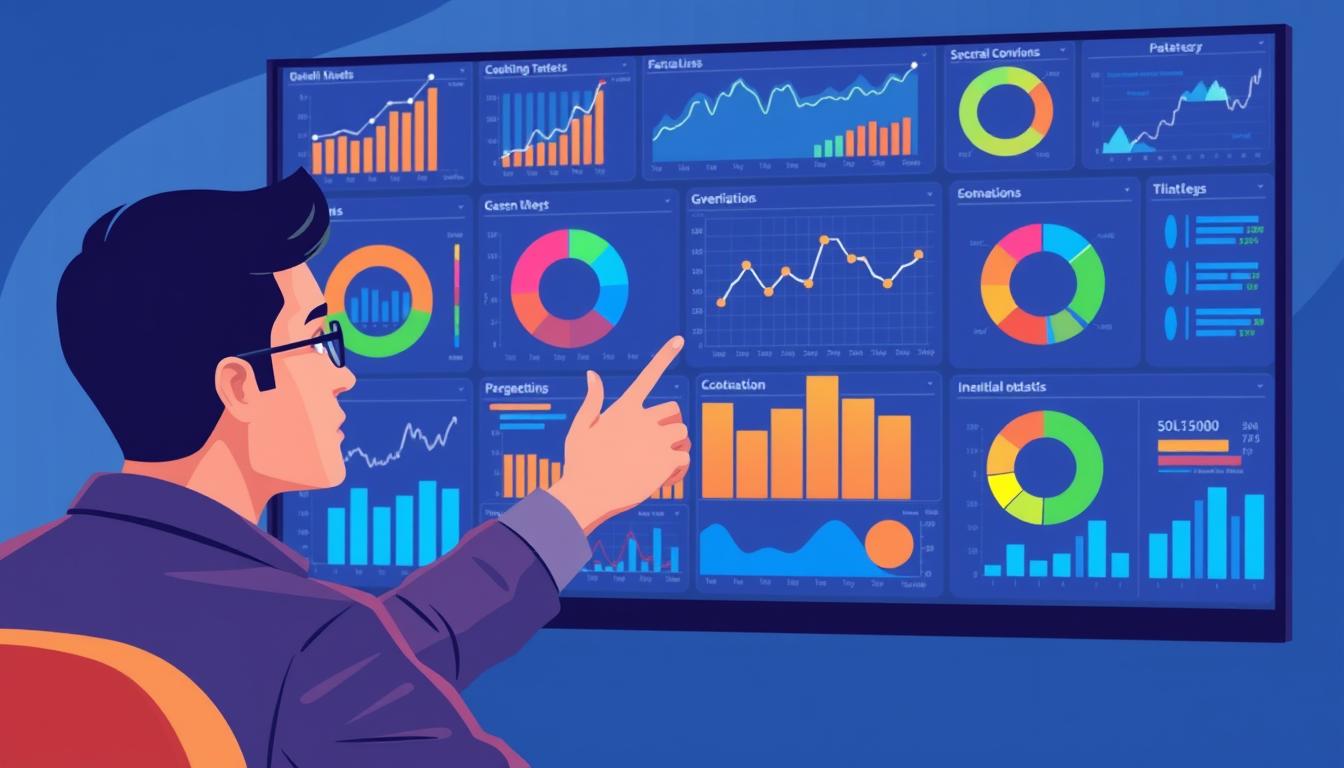 An image of a person looking at various data visualization charts on a screen