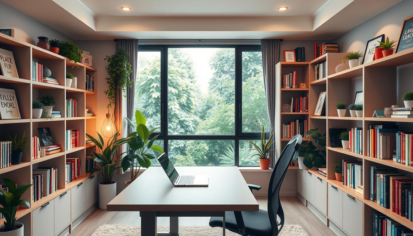 A vibrant, well-lit online learning environment. In the foreground, a cozy study nook with a modern desk, ergonomic chair, and a sleek laptop. Surrounding the workspace, bookshelves filled with educational resources, plants, and motivational decor. In the middle ground, a large window overlooking a lush, verdant garden, providing a calming natural backdrop. Soft, diffused lighting illuminates the space, creating a warm, focused atmosphere conducive to productive learning. The composition conveys a sense of balance, organization, and cognitive stimulation, perfectly suited for an engaging online education experience.