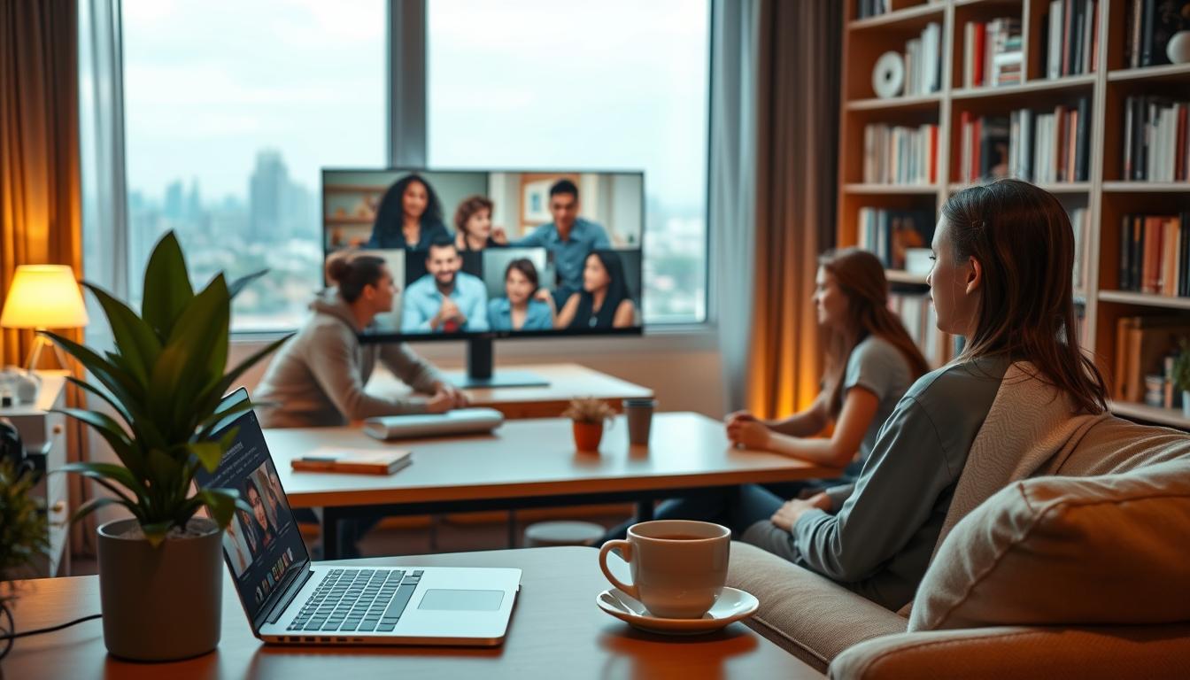 A cozy online study space with a warm, inviting atmosphere. In the foreground, a comfortable work desk with a modern laptop, a cup of tea, and a plant adding a touch of nature. In the middle ground, a group of young adults engaged in a virtual discussion, their faces displayed on a large monitor, creating a sense of community. The background features soft, diffused lighting, bookshelves, and a window overlooking a peaceful cityscape, evoking a balanced and productive environment for online learning.