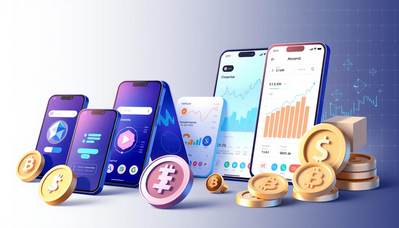 Detailed illustration of various cryptocurrency app types, showcased against a clean, minimalist backdrop. In the foreground, prominent mobile app icons representing popular wallet, exchange, and DeFi apps, rendered in a sleek, high-contrast style. The midground features interactive charts, graphs, and transaction data visualizations, depicted with a subtle 3D effect and soft, ambient lighting. In the background, a holographic grid pattern subtly emanates a sense of technological sophistication and innovation, complementing the overall digital finance theme. The composition is balanced, with a focus on clarity and visual hierarchy to effectively communicate the diverse ecosystem of cryptocurrency applications.