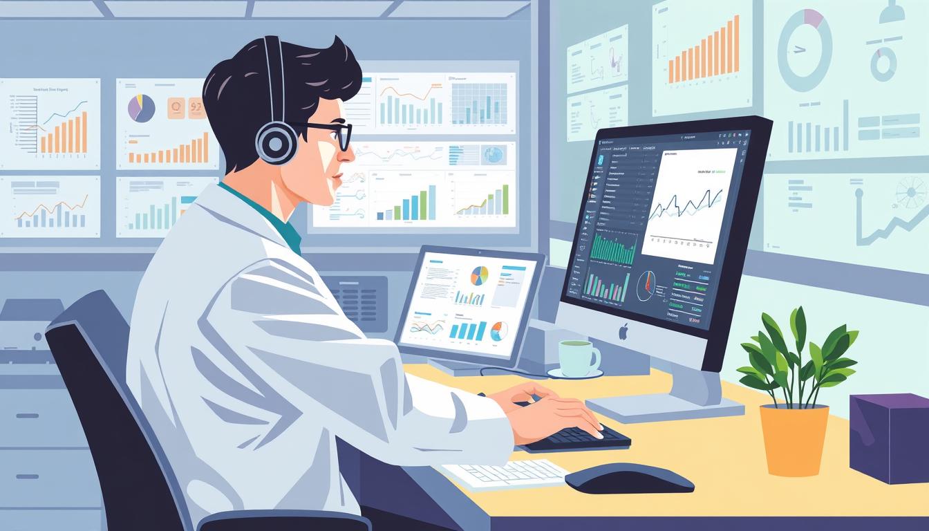 Image of a researcher working with various data analysis tools on a computer