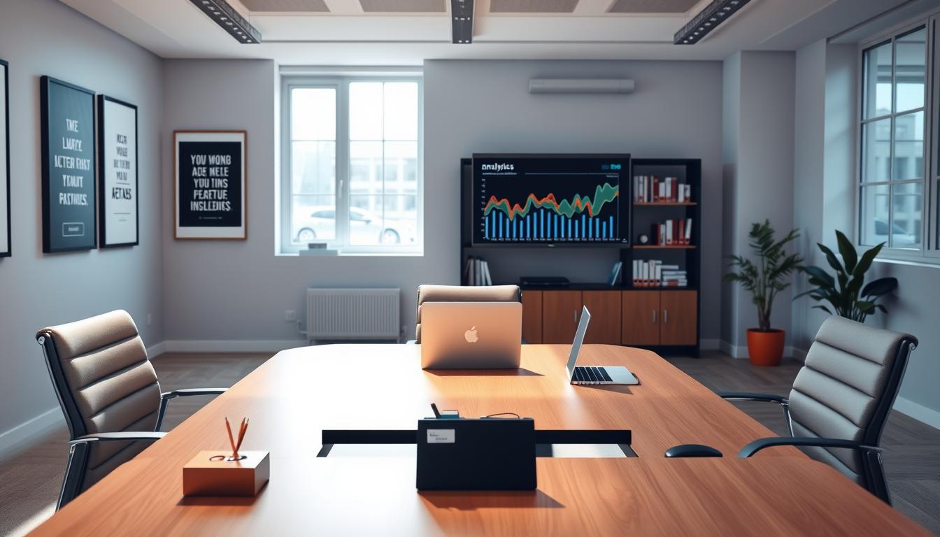 A professional office interior with a large desk, comfortable chairs, and a modern, minimalist design. The room is well-lit by large windows, creating a bright and airy atmosphere. On the desk, a laptop, pen holder, and a business card holder are neatly arranged. The walls are adorned with framed motivational posters and a large monitor displaying analytics data. In the background, a bookshelf filled with business-related books and a small potted plant add a touch of warmth to the space. The overall mood is one of productivity, efficiency, and attention to detail, reflecting the challenges and support needed in a business ads manager's role.