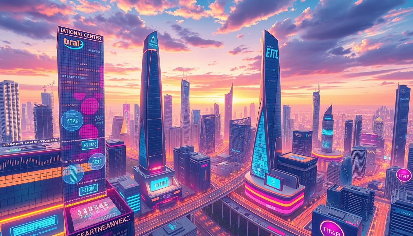 Image of a futuristic financial hub with blockchain elements