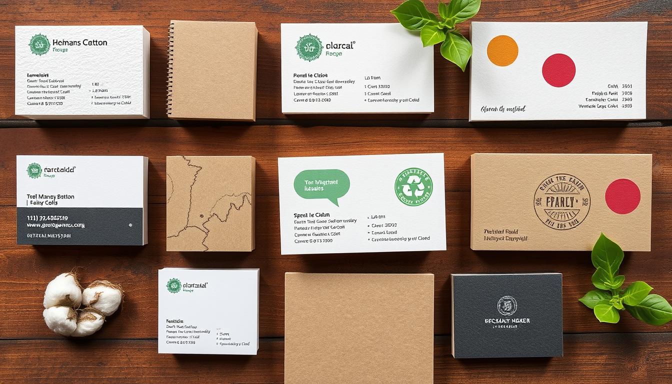 Generate an image of cotton, recycled, and specialty paper business cards