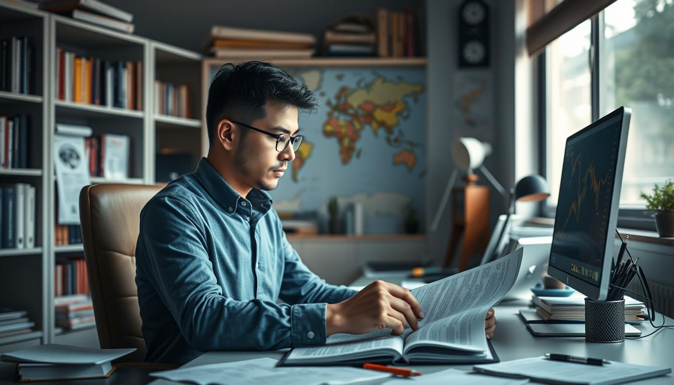 A well-lit workspace with a desk, computer, and various research materials. On the desk, a person intently evaluating a cryptocurrency article, their expression pensive as they carefully examine the content. The background features bookshelves, a world map, and other visual cues suggesting a professional, academic environment. The lighting is soft and natural, creating a contemplative atmosphere. The overall scene conveys the process of critically analyzing the quality and reliability of online cryptocurrency information.