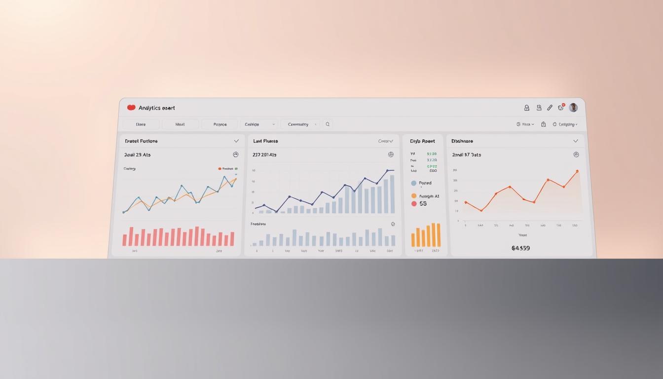 A sleek and modern analytics dashboard with clean lines and intuitive interface. The foreground features a well-designed charts and graphs displaying insightful data visualizations. The middle ground showcases a smooth, minimal user interface with intuitive controls and navigation. The background has a soft, muted color palette complementing the overall aesthetic. Warm, directional lighting creates depth and highlights the key features. The scene conveys a sense of efficiency, productivity, and seamless access to valuable learning insights.