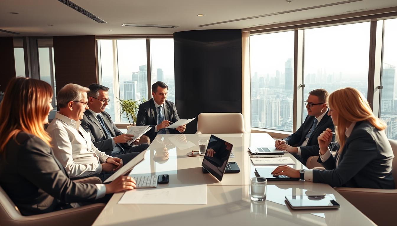 A cozy, well-lit office space where business angels gather to review investment opportunities. In the foreground, a group of distinguished individuals in professional attire engaged in animated discussions, examining financial documents and pitching ideas. The middle ground features a large conference table, adorned with modern furniture and sleek technology, creating an atmosphere of sophisticated collaboration. The background showcases a panoramic city skyline through floor-to-ceiling windows, hinting at the broader business landscape these angels navigate. Soft, warm lighting and a neutral color palette convey a sense of professionalism and trust, reflecting the expertise and discernment these angels bring to the table.