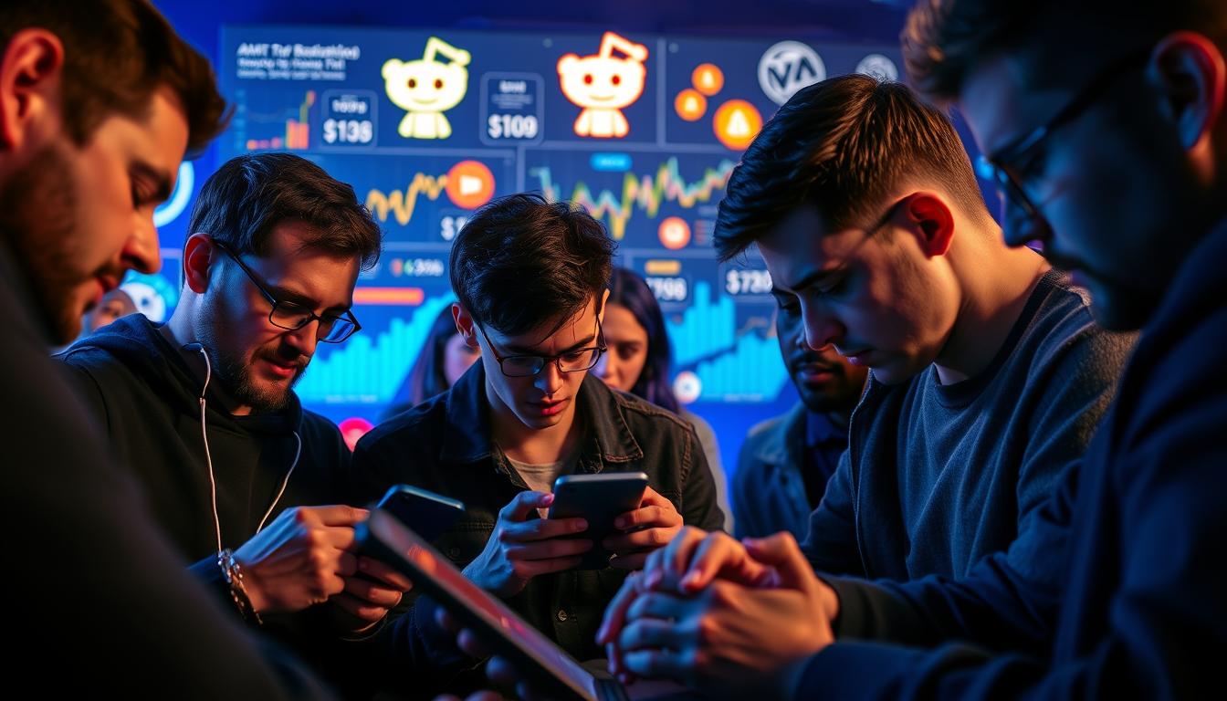 a dynamic and engaging scene of cryptocurrency enthusiasts actively participating in a lively Reddit discussion. In the foreground, several people are intently typing on their devices, their expressions conveying deep concentration and enthusiasm. Behind them, a vibrant display of charts, graphs, and cryptocurrency logos fills the middle ground, representing the data-driven nature of the conversation. In the background, a subtle glow of blue and purple hues sets the mood, evoking the digital and futuristic nature of the cryptocurrency world. The overall composition captures the dynamic energy and intellectual engagement of the cryptocurrency Reddit community.