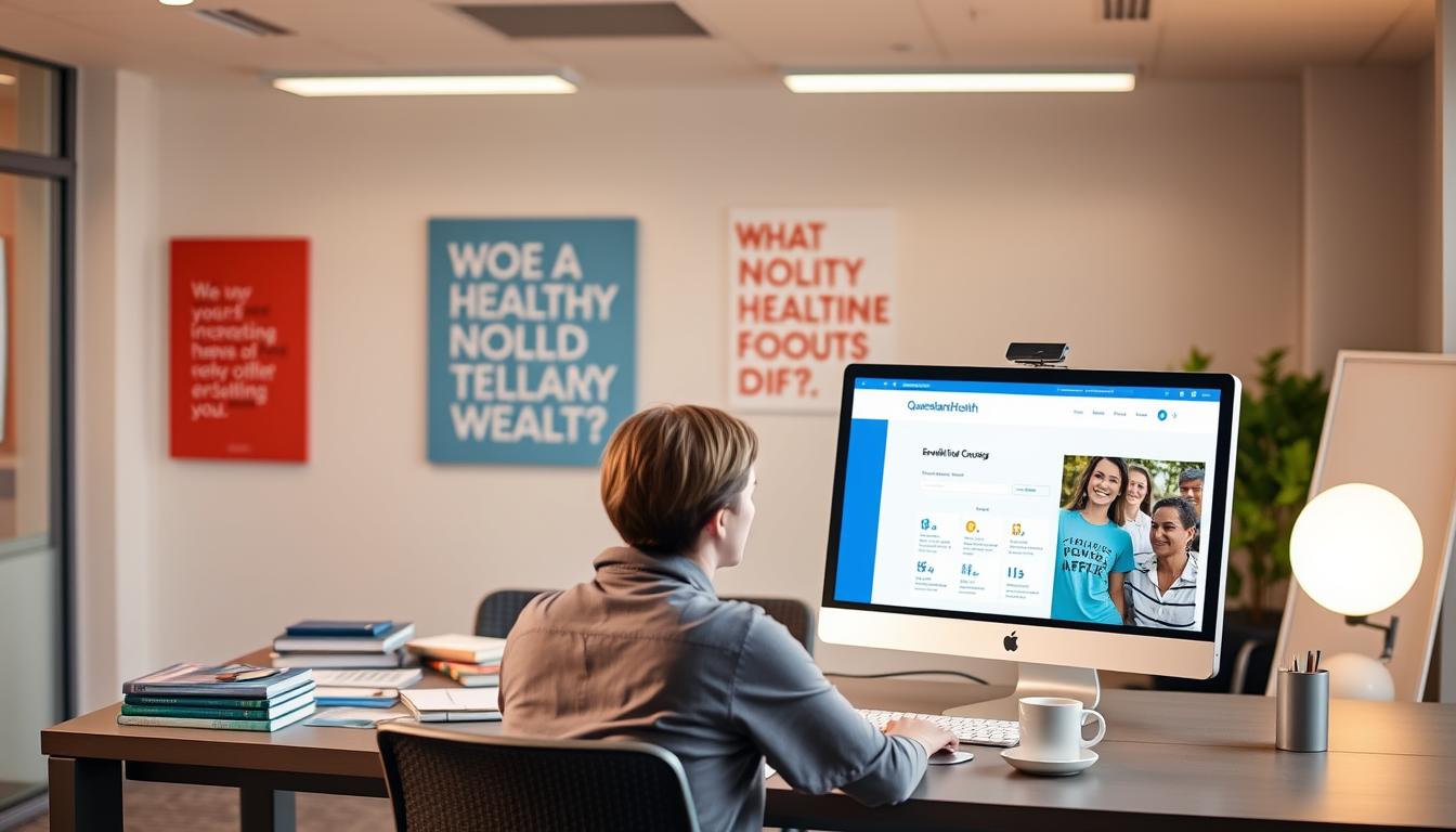 A modern, well-lit office setting with a large desk and a computer monitor. In the foreground, a person sitting at the desk, intently focusing on the screen, navigating an online course enrollment platform for Queensland Health. The middle ground showcases various learning materials, such as textbooks, notes, and a cup of coffee, creating a studious atmosphere. The background features motivational artwork or inspirational quotes related to healthcare education. The lighting is warm and inviting, creating a professional yet approachable ambiance. The scene conveys a sense of determination, focus, and the seamless process of enrolling in Queensland Health courses.