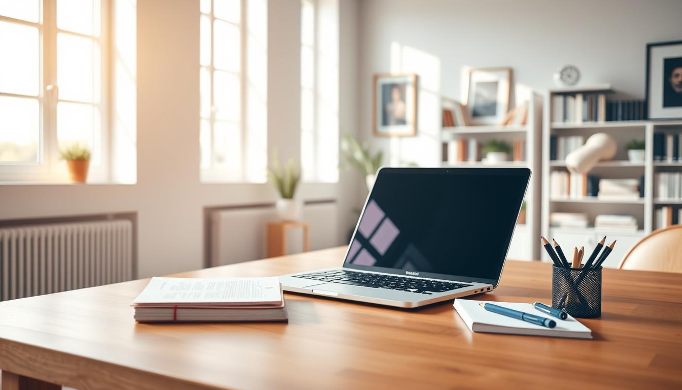 A minimalist, clean-lined office scene with a laptop, notepad, and stationery arranged neatly on a wooden desk. Natural lighting streams in through large windows, creating a warm, focused atmosphere ideal for online learning. In the background, bookshelves and framed art pieces suggest an environment conducive to knowledge and growth. The overall composition evokes a sense of organization, productivity, and calm - the perfect setting for effective online learning strategies to unfold.