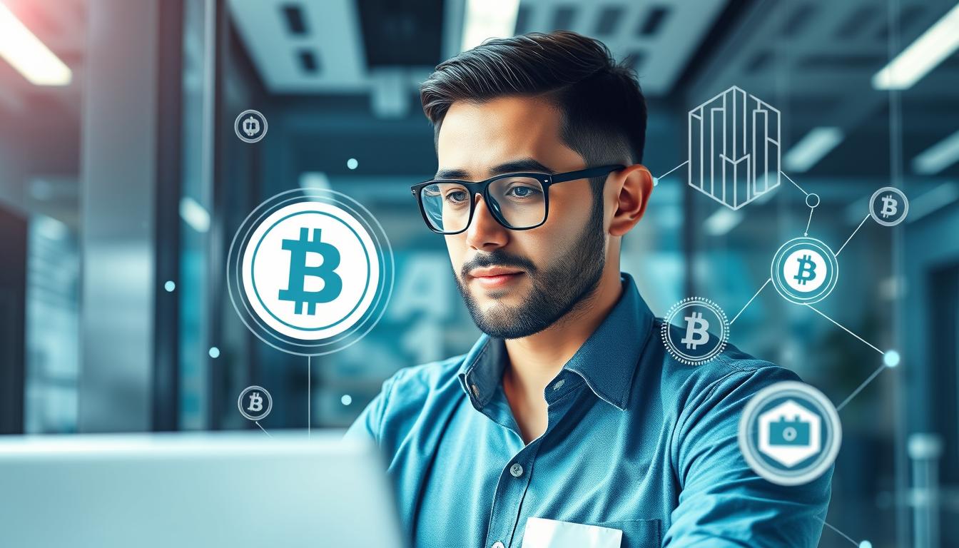 Image of a professional in a tech industry setting with blockchain and cryptocurrency elements