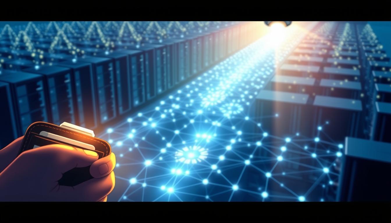 A detailed illustration of the blockchain verification process. In the foreground, a digital wallet and cryptocurrency transfer, highlighted by a warm, soft lighting. In the middle ground, a series of interconnected nodes representing the distributed ledger, glowing with a cool, ethereal energy. In the background, a vast network of servers and data centers, casting shadows that convey the scale and complexity of the blockchain infrastructure. The overall scene exudes a sense of technological sophistication and security, capturing the essence of how cryptocurrency mining functions.