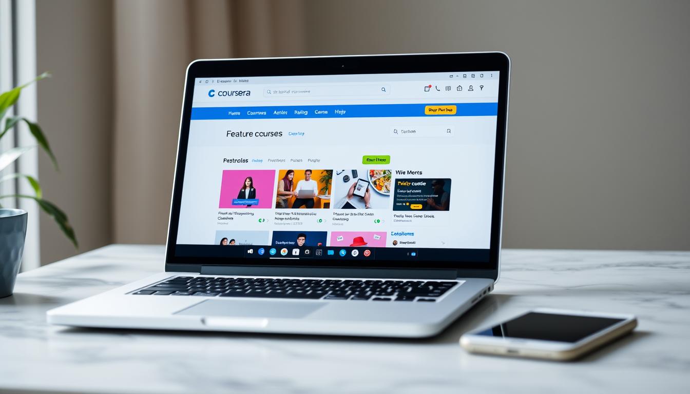 Generate an image of Coursera's homepage on a laptop screen