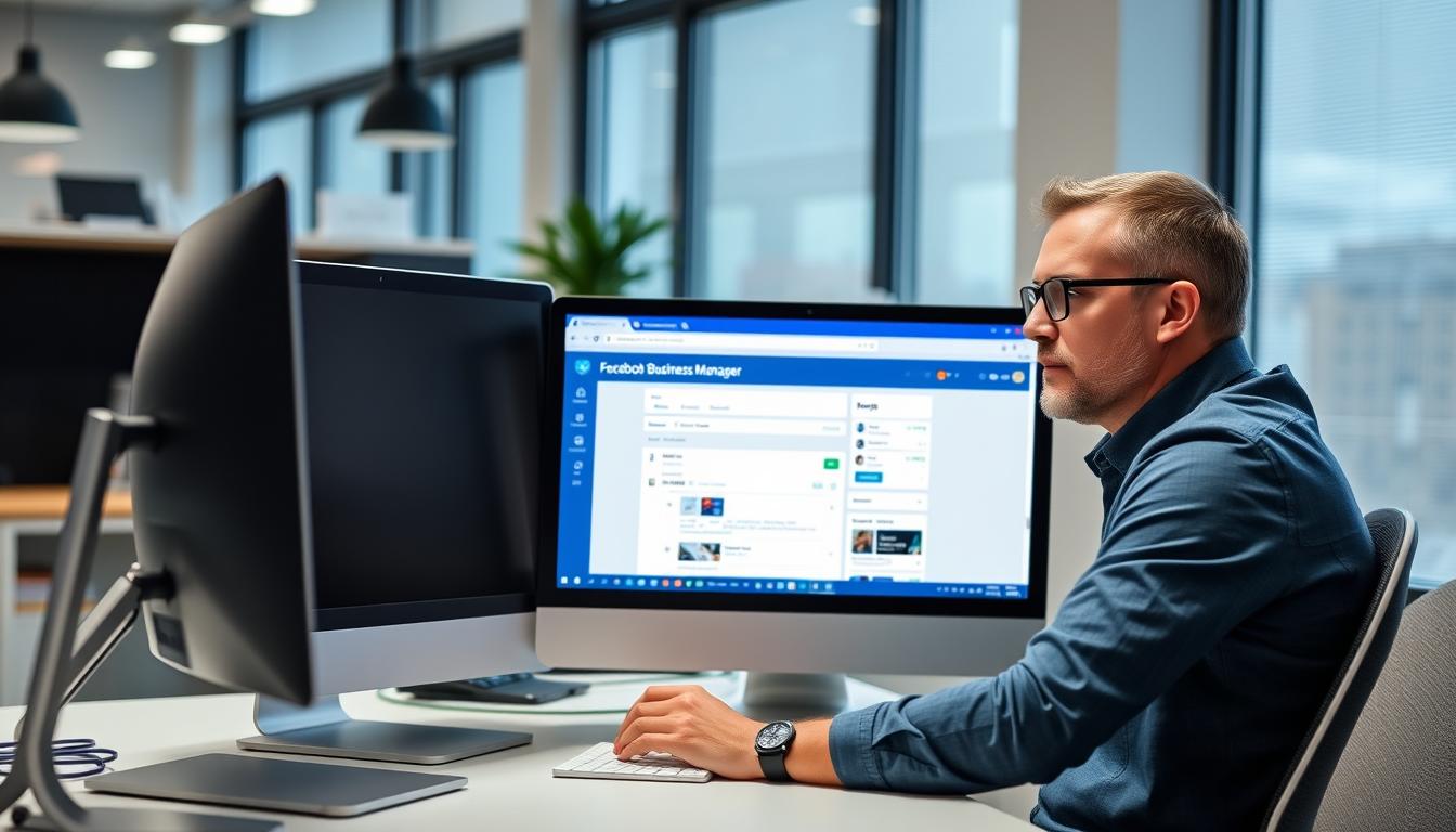 Create an image of a person setting up a Facebook Business Manager account on a computer.