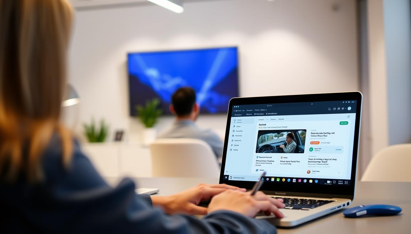 A sleek, modern online learning platform for driver's education, featuring a clean and intuitive user interface. The foreground showcases a laptop display with a lesson module on safe driving techniques, complemented by a minimalist dashboard design. The middle ground depicts a student navigating the platform, their face obscured to maintain privacy. The background showcases a minimalist office environment, with subtle lighting and natural elements to create a calm, focused atmosphere. The overall scene conveys a sense of efficiency, accessibility, and a commitment to providing a high-quality, engaging online learning experience for aspiring drivers.
