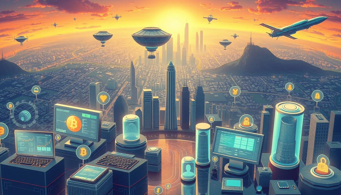 High-resolution, detailed illustration of real-world blockchain applications, showcasing a diverse range of use cases. In the foreground, various digital devices and interfaces depict blockchain-powered solutions such as secure financial transactions, decentralized supply chain tracking, and digital identity management. The middle ground features a cityscape with skyscrapers and infrastructure, representing the integration of blockchain technology into smart city systems and the broader economy. In the background, a futuristic landscape with floating data centers and satellite communication networks suggests the global scale and interconnectivity of blockchain networks. The overall scene conveys a sense of innovation, efficiency, and the transformative potential of blockchain technology in shaping the future.