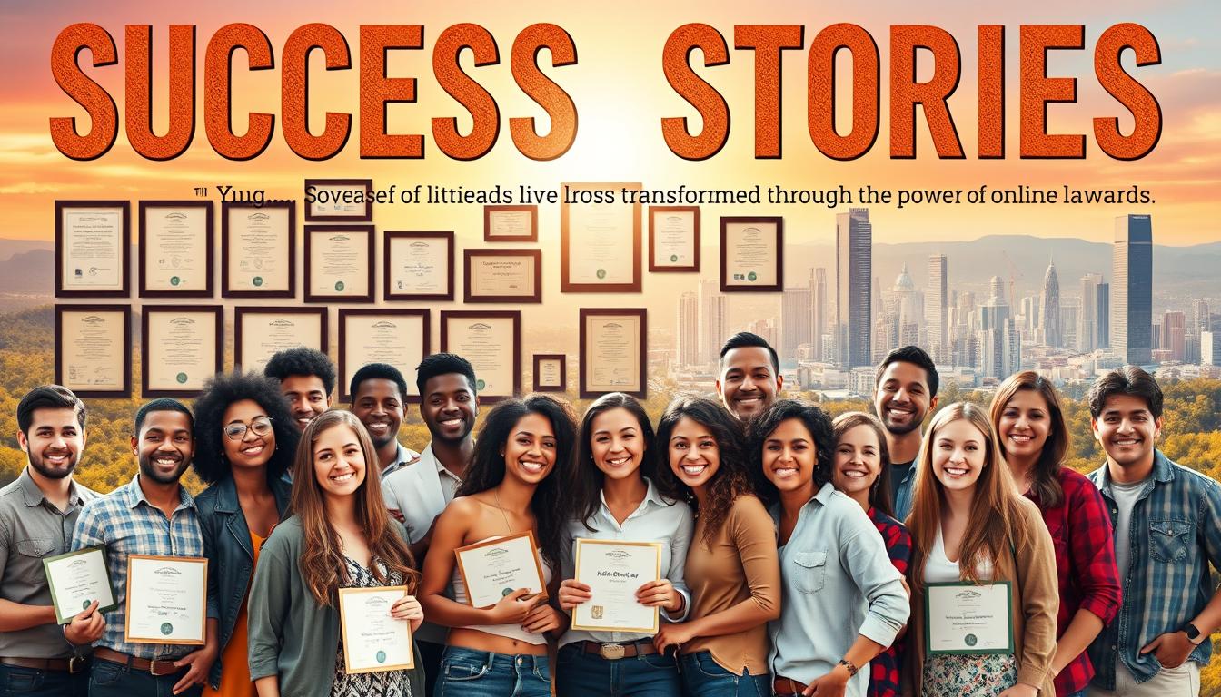 A vibrant and inspiring scene of success stories, showcasing a diverse group of individuals whose lives have been transformed through the power of online learning. In the foreground, a group of confident and accomplished individuals stand together, their faces alight with joy and pride. Their body language conveys a sense of camaraderie and shared triumph. In the middle ground, a collage of framed certificates, diplomas, and awards symbolize their educational achievements. The background features a warm, sun-drenched landscape, with a modern, tech-savvy cityscape in the distance, representing the interconnectedness of the online learning network. The overall composition exudes a sense of optimism, empowerment, and the transformative potential of knowledge.