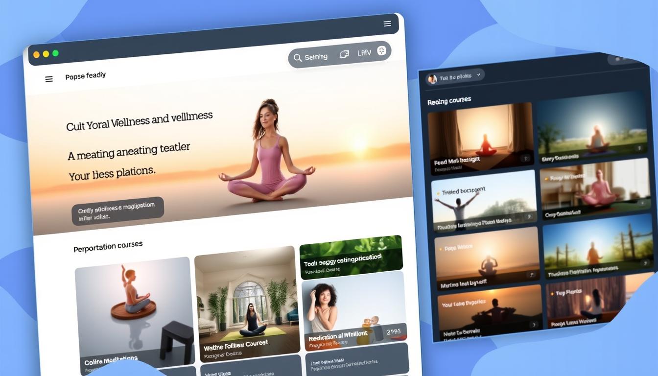 Generate an image of a personal development online learning platform interface with meditation and wellness courses.
