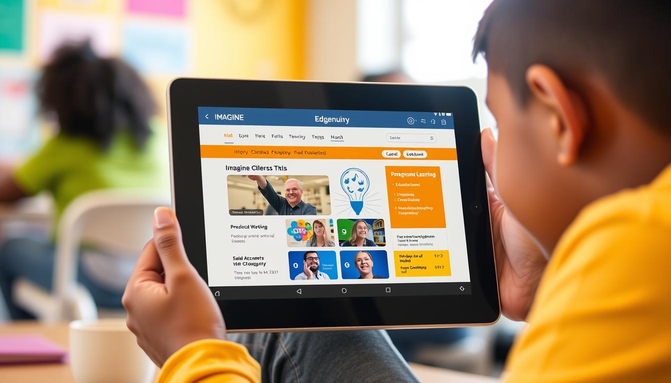 Generate an image of a student using a tablet with Imagine Edgenuity courseware on the screen.