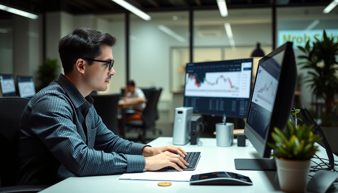 Generate an image of a person sitting in front of a computer, with a cryptocurrency exchange platform on the screen.