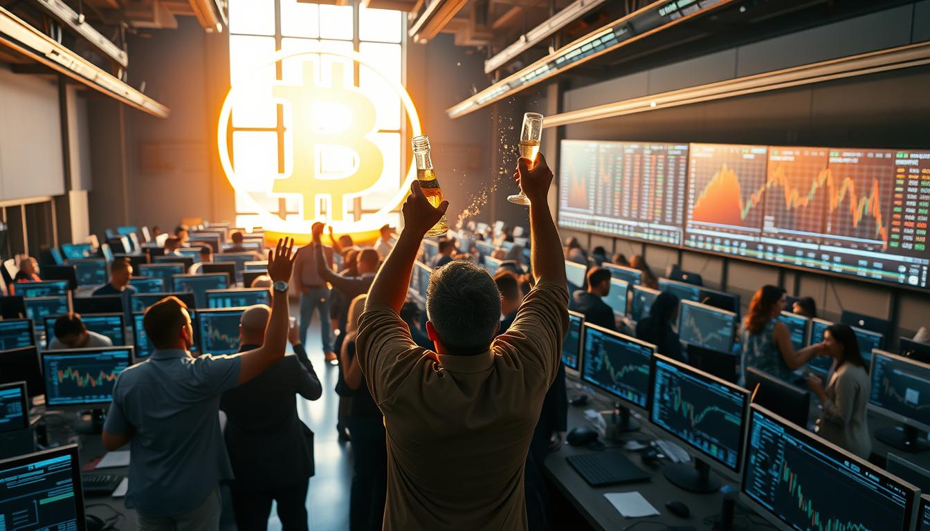 A high-angle, wide-angle view of a bustling cryptocurrency trading floor. In the foreground, a group of successful crypto investors celebrating with champagne, hands raised in triumph. In the middle ground, rows of computer screens display real-time cryptocurrency charts and trading data. In the background, a towering cryptocurrency symbol casts a warm, golden glow over the scene, conveying a sense of wealth, innovation, and prosperity. The lighting is bright and crisp, with natural light streaming in from large windows. The overall mood is one of celebration, success, and the thrill of financial reward.