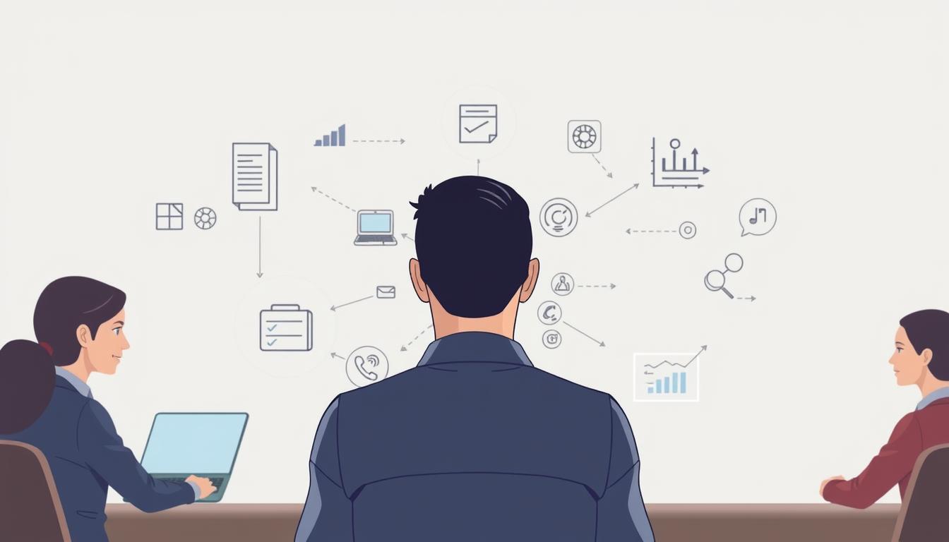A detailed, well-lit, professional-looking illustration of the essential skills required for a successful business analyst career, including strategic thinking, data analysis, problem-solving, communication, and stakeholder management. The image should depict these skills in a clean, minimalist style with a neutral color palette, using geometric shapes, icons, and diagrams to represent each skill. The foreground should feature the key skills, the middle ground should show how they interconnect, and the background should convey a sense of the business world the analyst operates in.