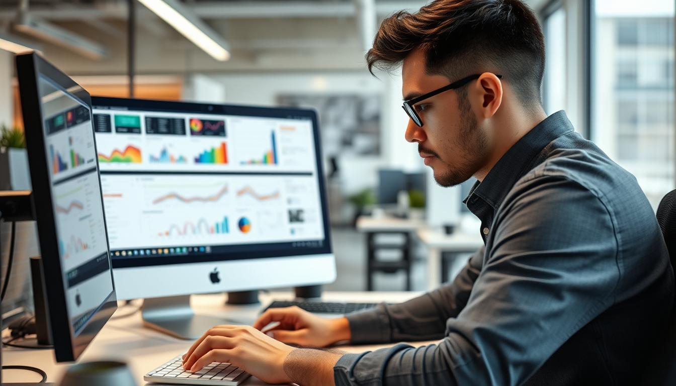 Image of a data analyst working on a computer with various data visualizations on the screen