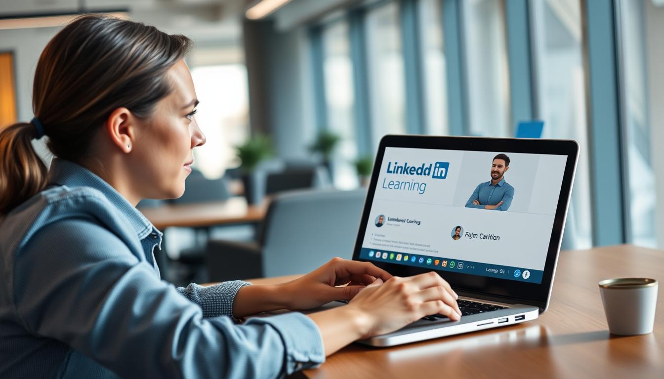 Generate an image of a professional using LinkedIn Learning on their laptop